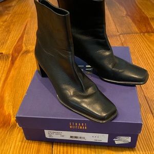 Stuart Weitzman Zeboot Ankle Black Leather Boots Square Toe Size 8, great cond